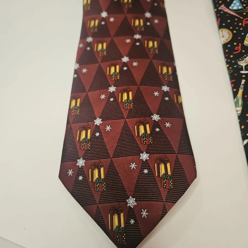 Lot of 2 Holiday Silk Neckties -Merry Christmas / Happy New Year Designs